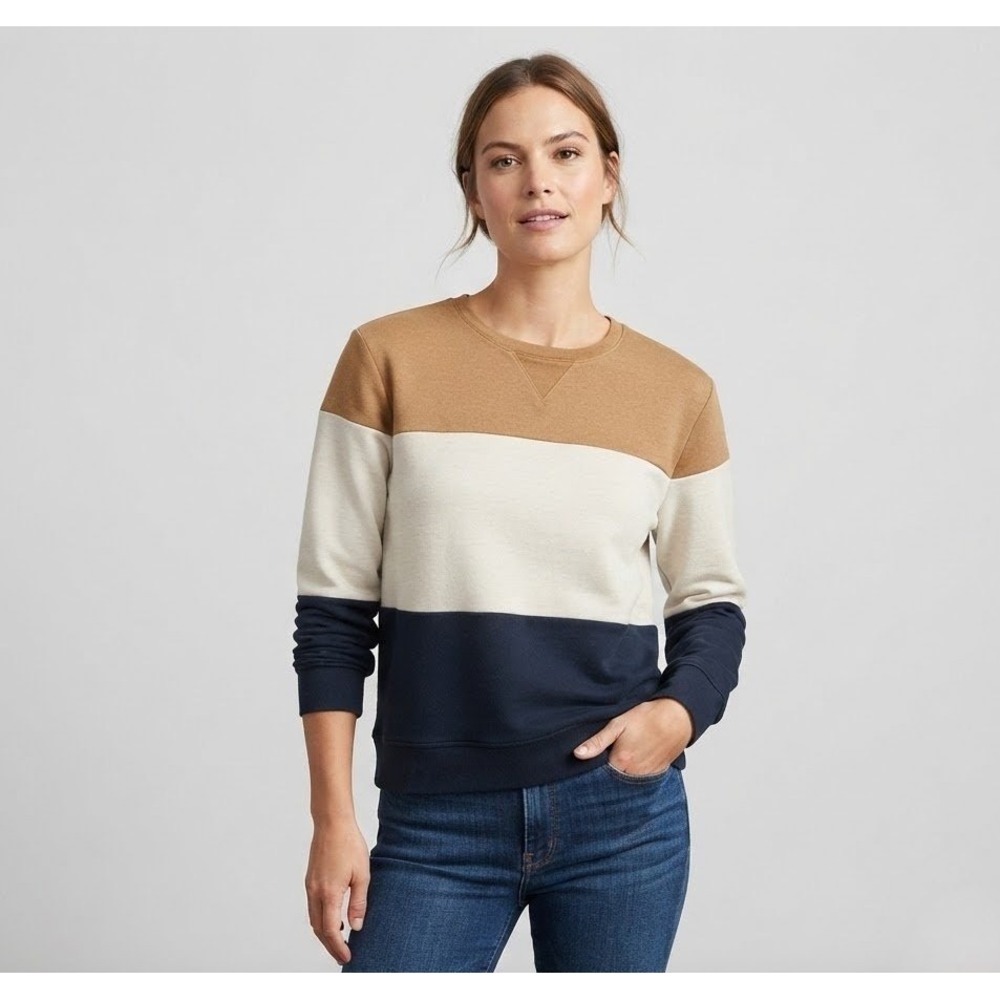 RW&CO Colorblock Sweatshirt Womens Large Crewneck Casual Navy Tan Neutral Top